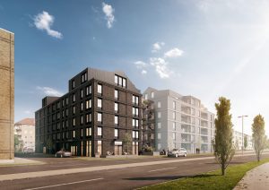 Fasad av Domherren på Ulfsparregatan 43–45 i Jönköping, en modern cityfastighet med 36 hyreslägenheter.
