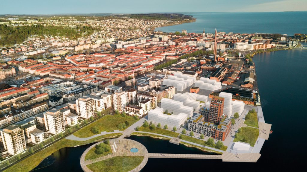 Framtidsvision för Munksjöstad med flytande park, öppet torg vid Munksjömagasinen och strandpromenad längs kajen