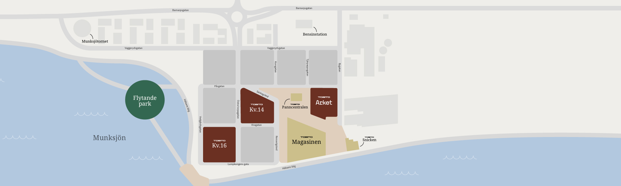 Översiktskarta över Tositos bostadsprojekt Arket, Kv.14, Kv.16, Magasinen och Snicken vid Munksjön i Jönköping.