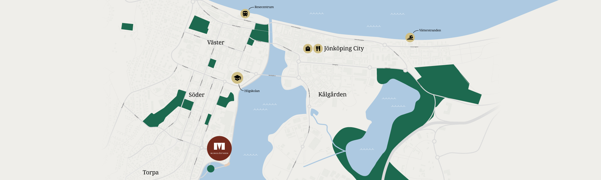Karta över Munksjöstaden i Jönköping – närhet till city, högskola, resecentrum och Vätterstranden,