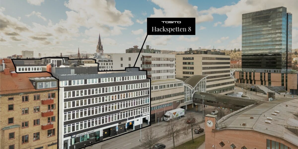 Kontorsfastigheten Hackspetten 8 markerad i centralt stadskvarter.