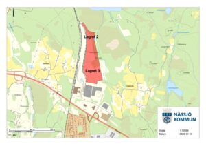 Karta över industriområdet vid Terminalgatan i Nässjö med utmärkta tomter Lagret 2 och Lagret 3.