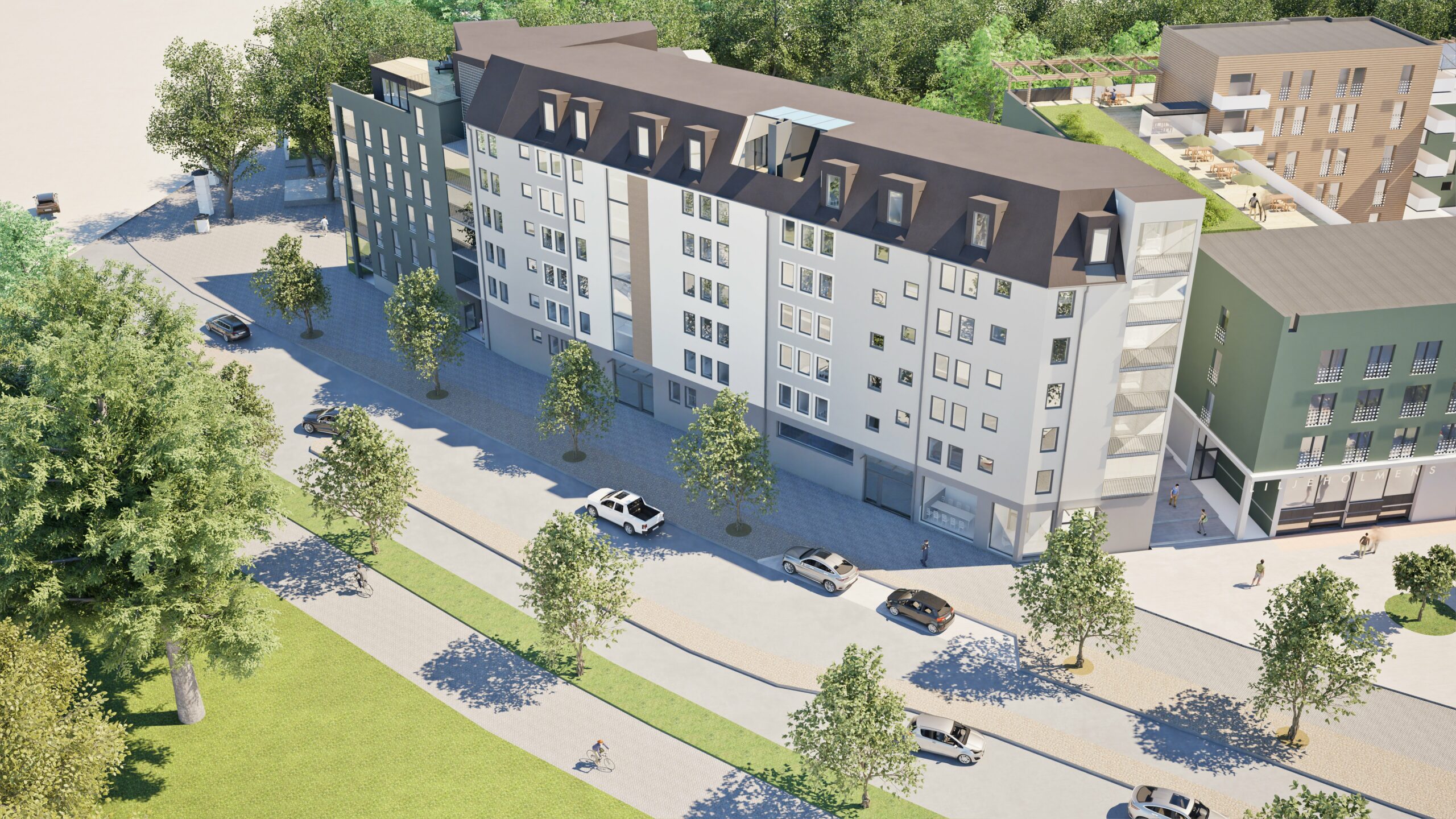 Fasadvy av Brf Ryttargården – ljus putsad flerbostadshusfasad med balkonger och grönskande plantering i förgrunden.