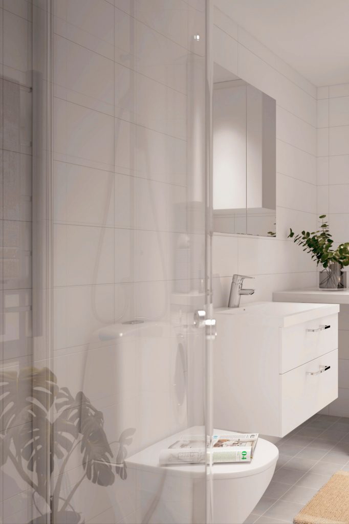 Interiörbild i ett badrum i en av lägenheterna från Tosito i Jönköping